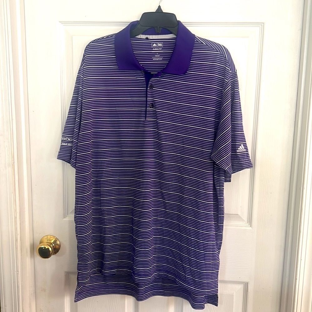 Adidas Men’s ClimaLite purple striped Golf Shirt size L